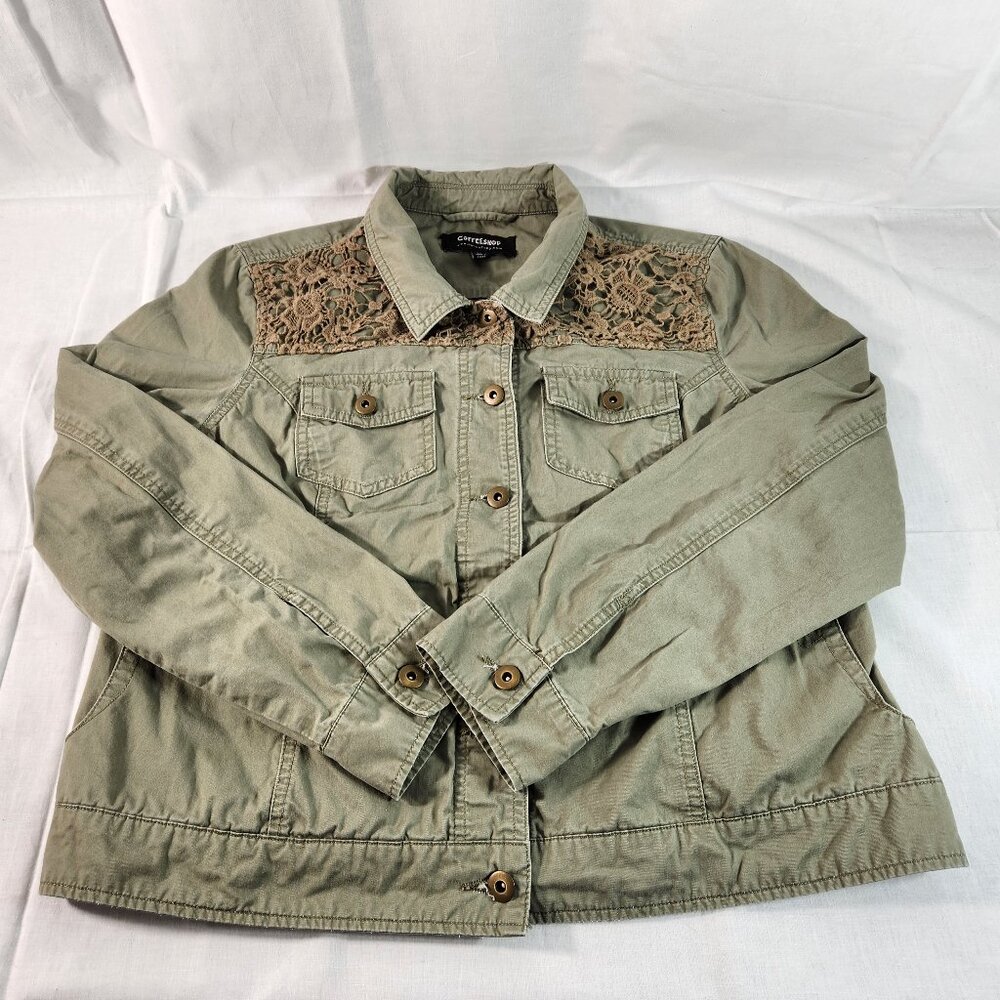 Coffee Shop Womens XL Jacket All Cotton Lace Shoulders Button Up Green FastShip - Picture 13 of 13